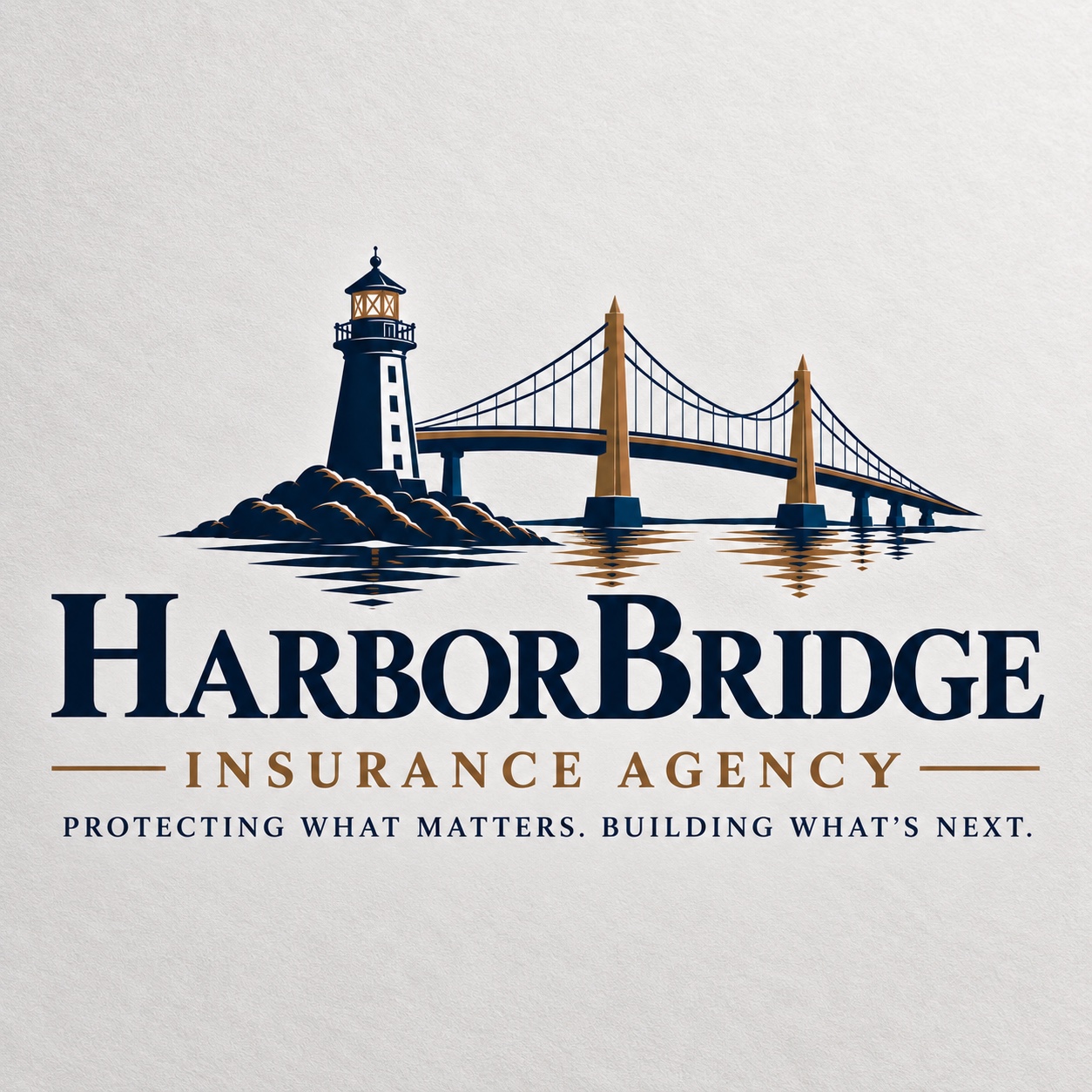 HarborBridge’s navy and bronze lighthouse-and-bridge logo